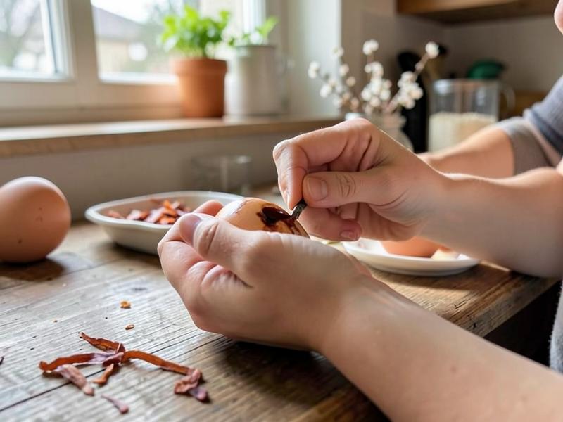 Hände beim Eierfärben mit Zwiebelschalen