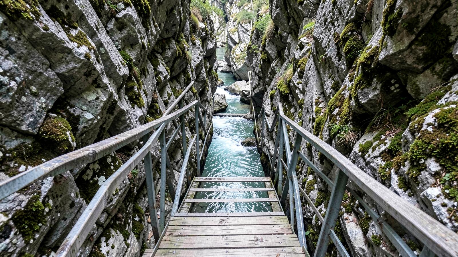 Steg durch eine enge Klamm, Wasser darunter